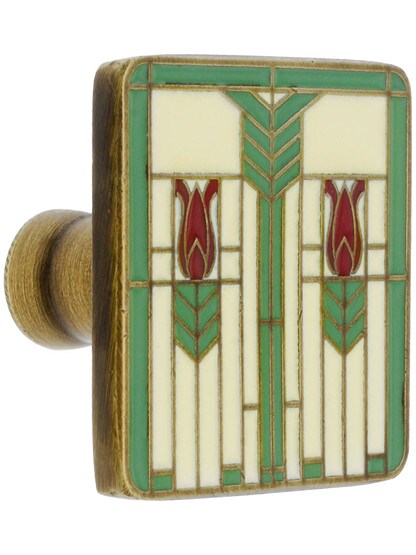 1 1/4 inch Square Prairie Tulips Knob in Antique Brass/Spring Green.